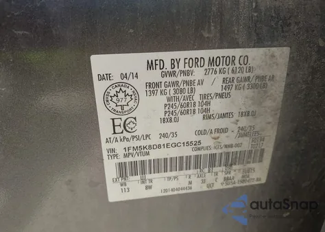 2014 Ford Explorer Xlt из США, поврежденный, VIN 1FM5K8D81EGC15525